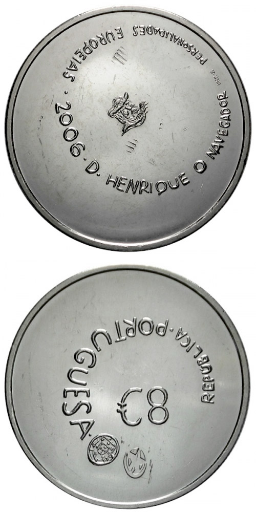 Image of 8 euro coin - Henry the Navigator - Prince of Portugal | Portugal 2006.  The Silver coin is of Proof, UNC quality.