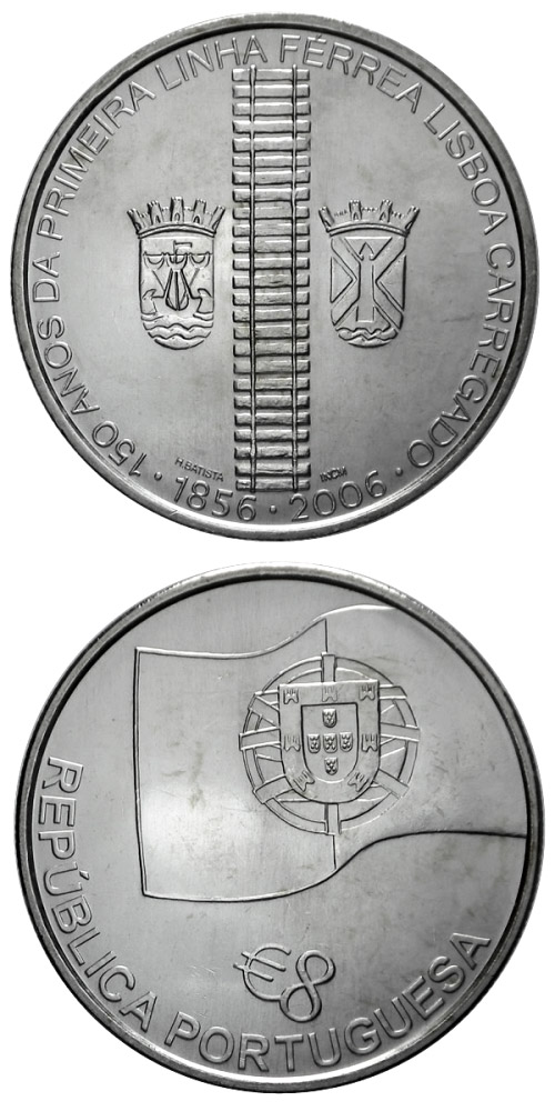 Image of 8 euro coin - 150 years of railways in Portugal | Portugal 2006.  The Silver coin is of Proof, BU, UNC quality.