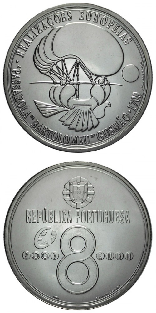 Image of 8 euro coin - Airship Passarola of Bartolomeu de Gusmao | Portugal 2007.  The Silver coin is of Proof, UNC quality.