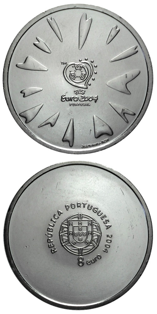 Image of 8 euro coin - Football European Championship 2004 - The goal | Portugal 2004.  The Silver coin is of BU quality.