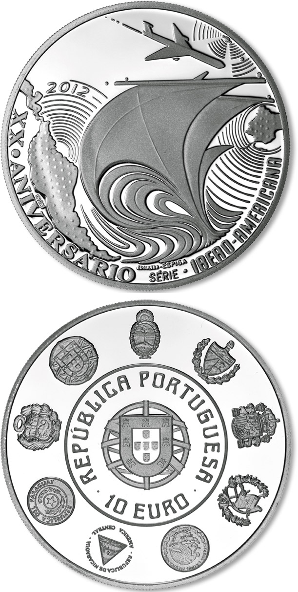 Image of 10 euro coin - 20th Anniversary of the Ibero-American Series | Portugal 2012.  The Silver coin is of Proof, UNC quality.