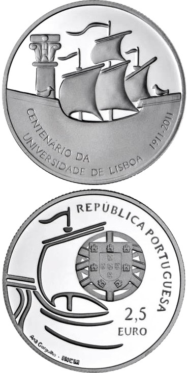 Image of 2.5 euro coin - 100th Anniversary of the University of Lisbon | Portugal 2012.  The Silver coin is of Proof, BU, UNC quality.