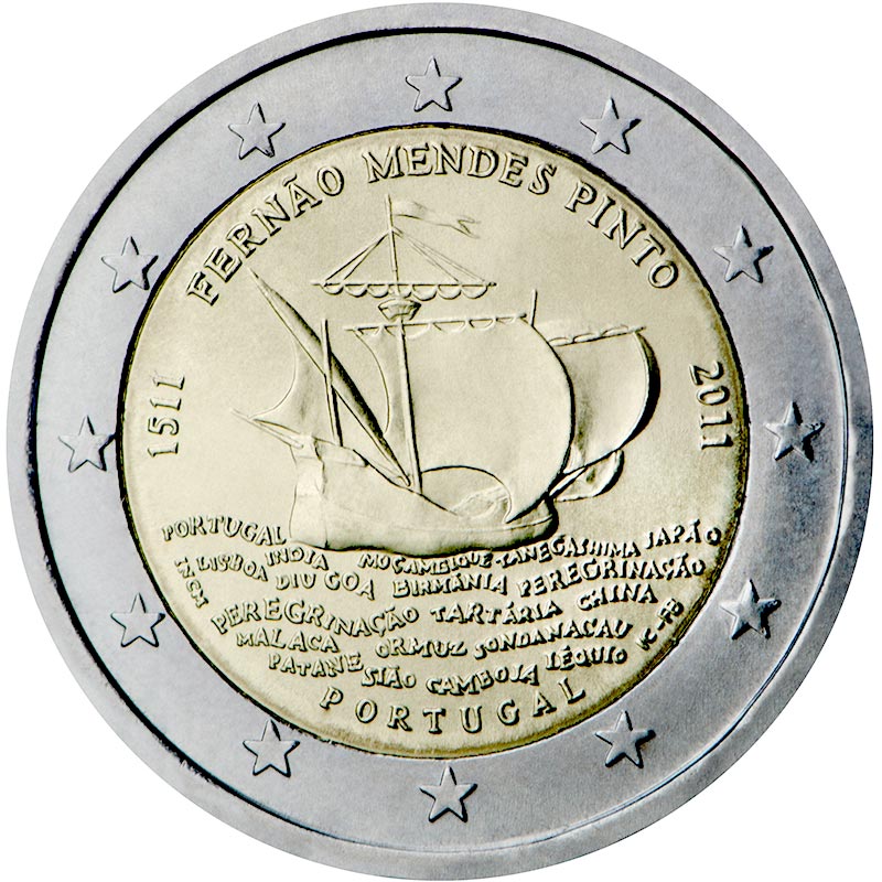 Image of 2 euro coin - 500th annivesary of the birth of Fernão Mendes Pinto | Portugal 2011