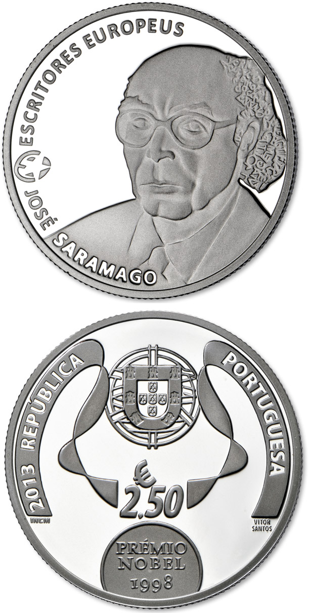 Image of 2.5 euro coin - José Saramago | Portugal 2013.  The Silver coin is of Proof quality.