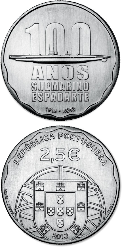 Image of 2.5 euro coin - 100th Anniversaro of the First Portuguese Submarine – ESPADARTE | Portugal 2013.  The Silver coin is of Proof quality.