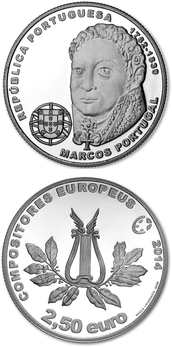 Image of 2.5 euro coin - Marcos Portugal | Portugal 2014.  The Silver coin is of Proof, BU, UNC quality.