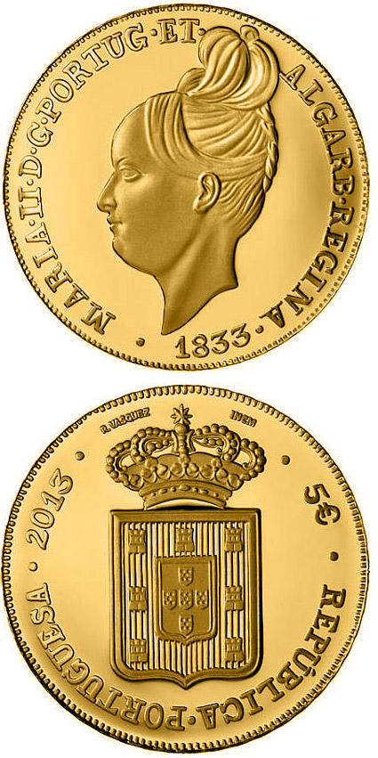 Image of 5 euro coin - Peça 1833 – Degolada, de D. Maria II | Portugal 2013.  The Gold coin is of Proof quality.
