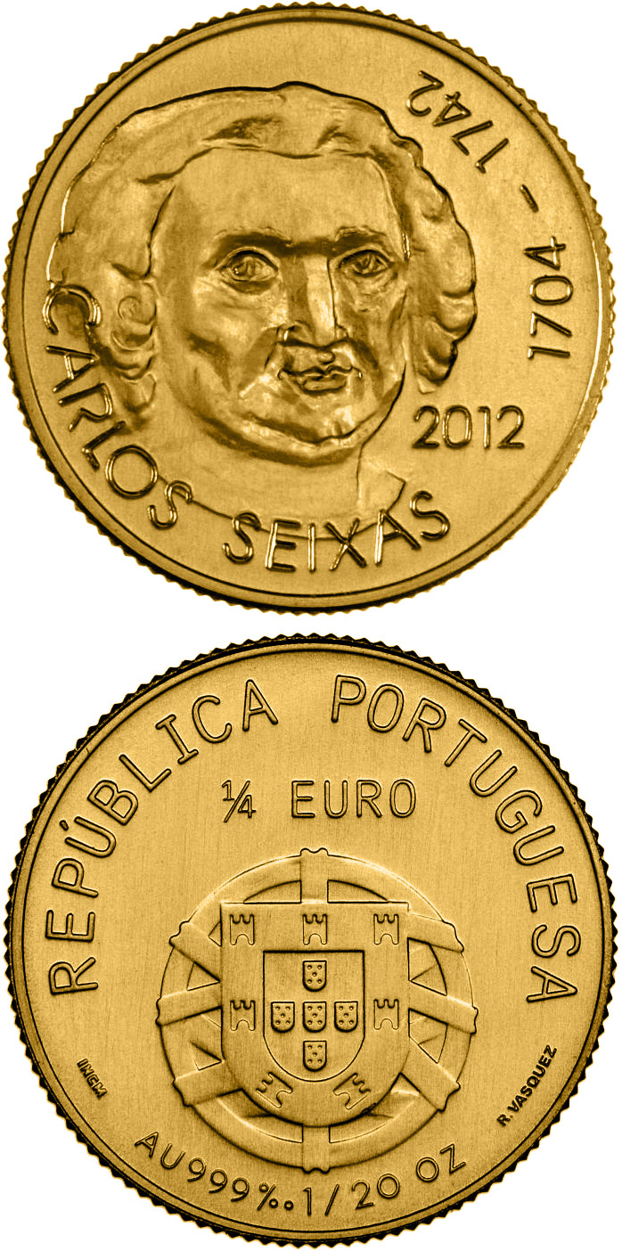 Image of 0.25 euro coin - José António Carlos de Seixas | Portugal 2012.  The Gold coin is of BU quality.