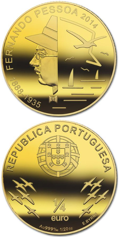 Image of 0.25 euro coin - Fernando António Nogueira Pessoa | Portugal 2014.  The Gold coin is of BU quality.