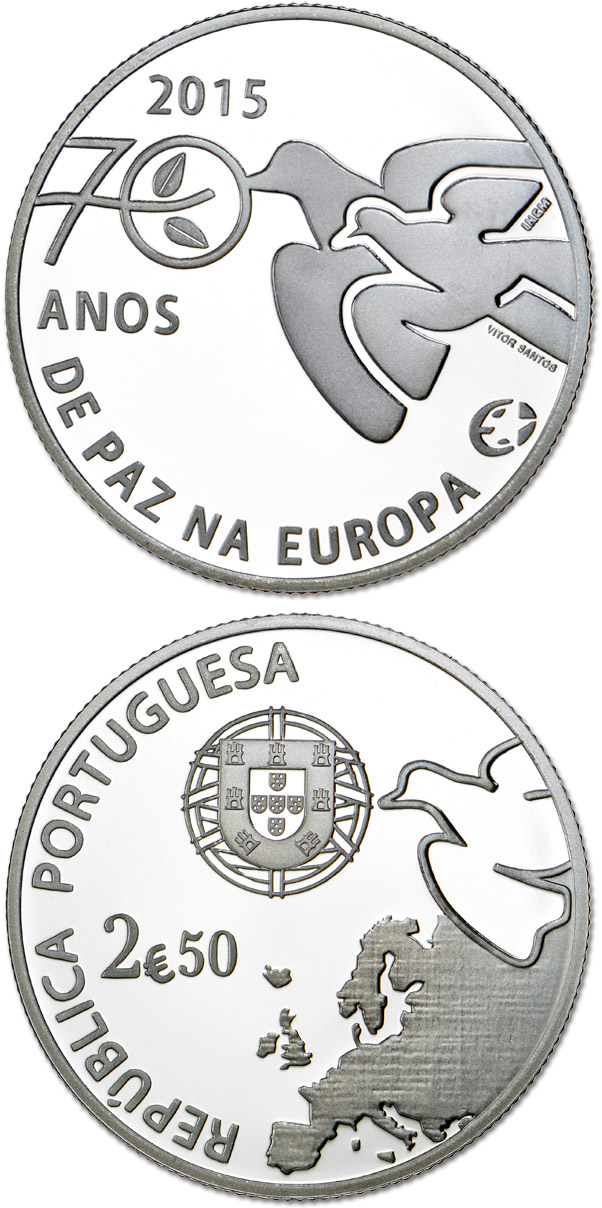 Image of 2.5 euro coin - 70 Years of Peace in Europe | Portugal 2015.  The Silver coin is of Proof, BU, UNC quality.
