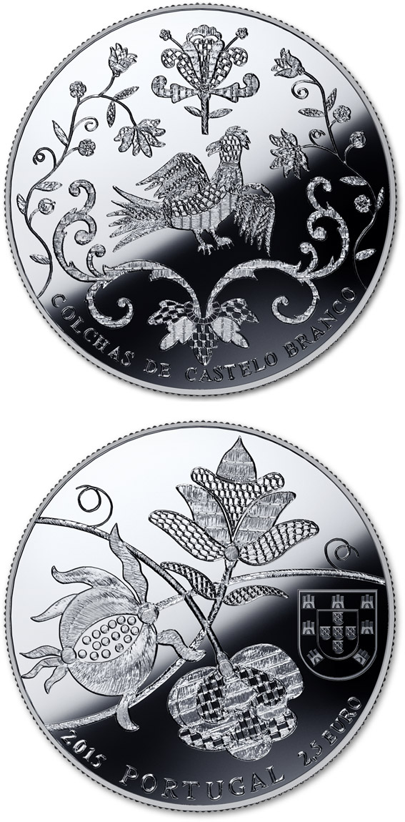 Image of 2.5 euro coin - The Bedspreads of Castelo Branco | Portugal 2015.  The Silver coin is of Proof quality.