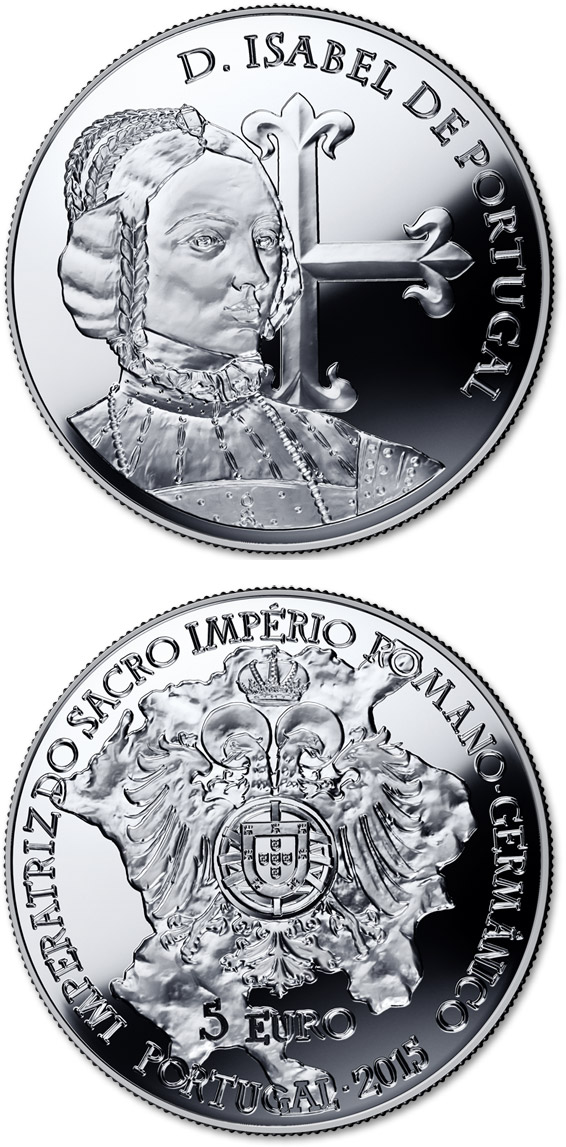 Image of 5 euro coin - D. Isabel de Portugal | Portugal 2015.  The Silver coin is of Proof, UNC quality.