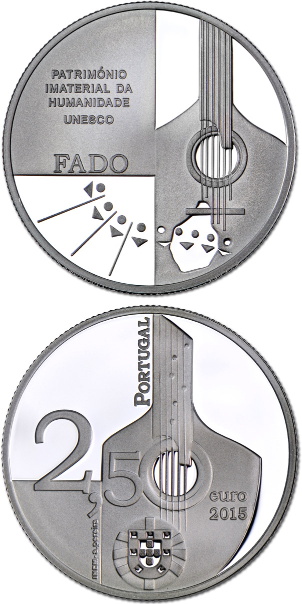 Image of 2.5 euro coin - O Fado | Portugal 2015.  The Silver coin is of Proof, BU, UNC quality.