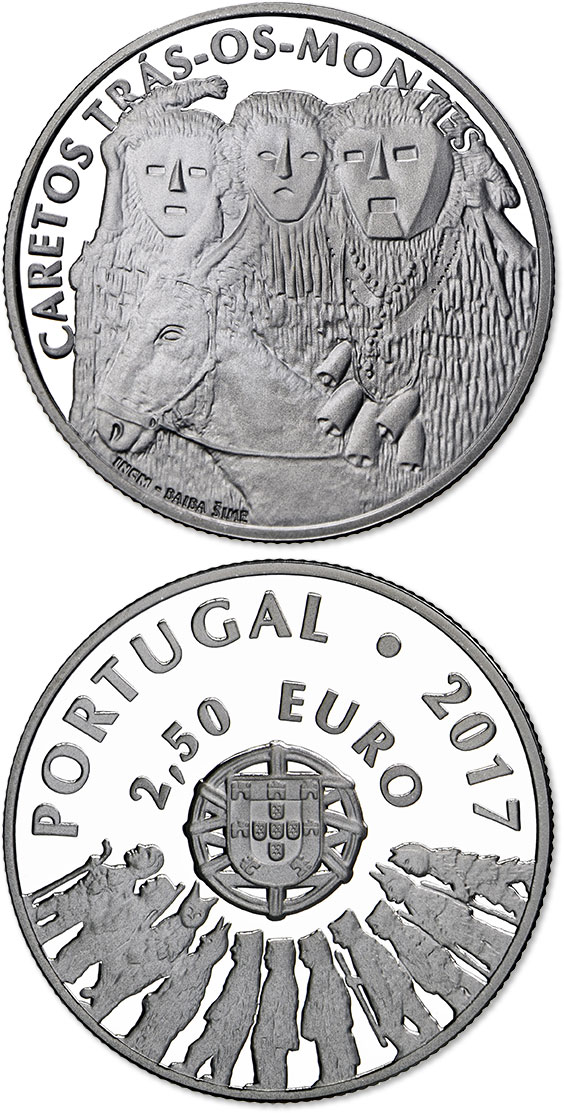 Image of 2.5 euro coin - Masks from Trás-os-Montes | Portugal 2017.  The Silver coin is of Proof quality.