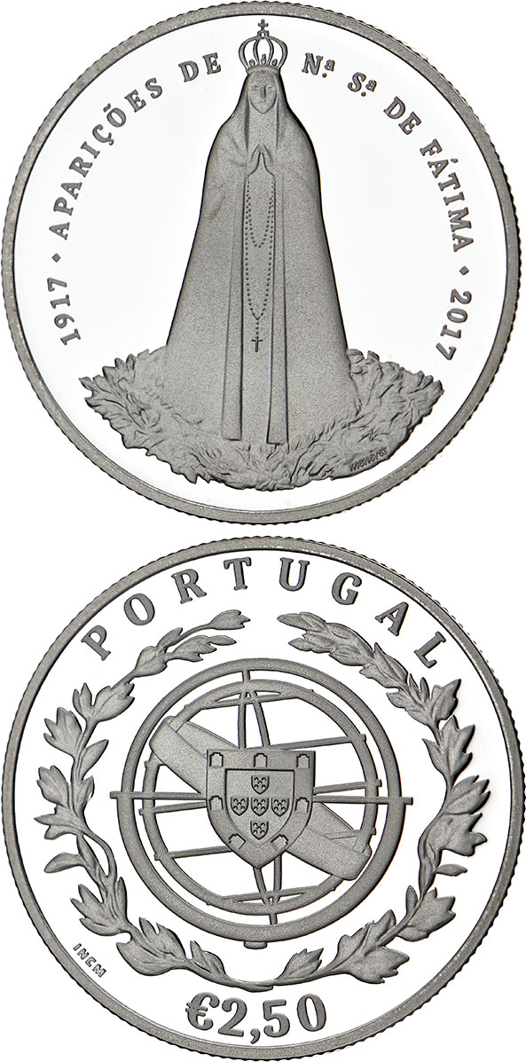 Image of 2.5 euro coin - 100 Years of Fatima | Portugal 2017.  The Silver coin is of Proof, BU, UNC quality.