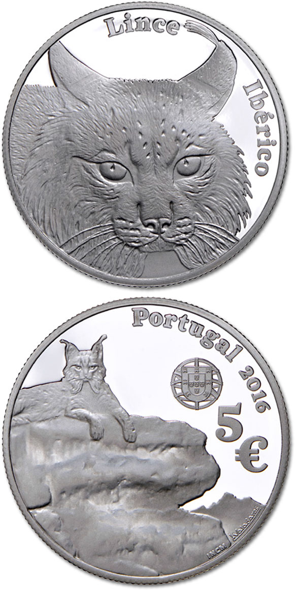 Image of 5 euro coin - Iberic Lynx | Portugal 2016.  The Silver coin is of Proof, UNC quality.