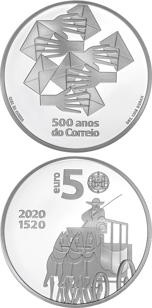 Image of 5 euro coin - 500 Years of Portuguese Post Office | Portugal 2020