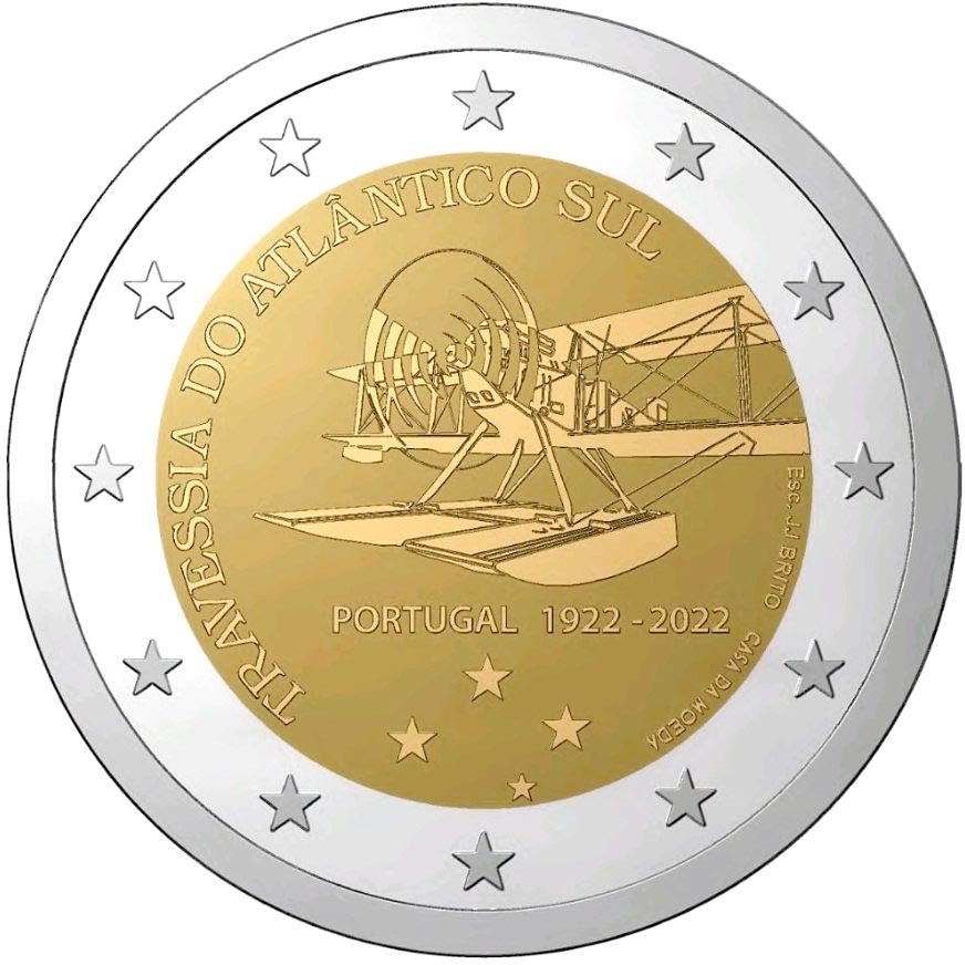 Image of 2 euro coin - 100th anniversary of the first crossing of the South Atlantic by plane | Portugal 2022