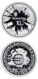 Image of 10 leu coin - The 10 year anniversary of the introduction of the euro banknotes and coins | Romania 2012.  The Silver coin is of Proof quality.