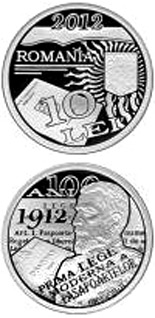 Image of 10 leu coin - The centennial anniversary of the promulgation of the first Passports Law in modern Romania | Romania 2012.  The Silver coin is of Proof quality.