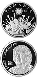 Image of 10 leu coin - Sergiu Celibidache - 100 years since his birth | Romania 2012.  The Silver coin is of Proof quality.