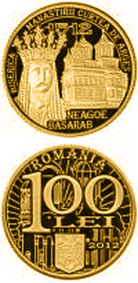 Image of 100 leu coin - 500 years since the enthronement of Saint Voivode Neagoe Basarab in Wallachia and since the initiation of construction works on the church of Curtea de Argeş Monastery | Romania 2012.  The Gold coin is of Proof quality.