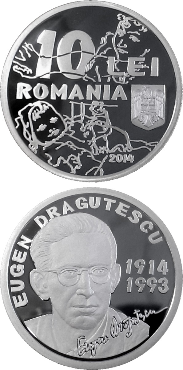 Image of 10 leu coin - 100 years since Eugen Drăguțescu’s birth | Romania 2014.  The Silver coin is of Proof quality.