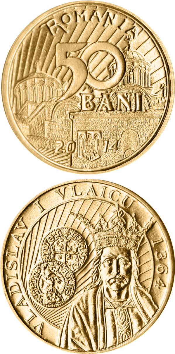Image of 50 bani coin - 650th anniversary of the beginning of the reign of Vladislav I Vlaicu | Romania 2014.  The Bronze coin is of Proof, BU, UNC quality.