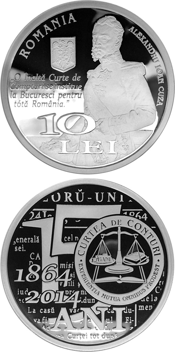 Image of 10 leu coin - 150th anniversary of the establishment of Romania’s Court of Accounts | Romania 2014.  The Silver coin is of Proof quality.