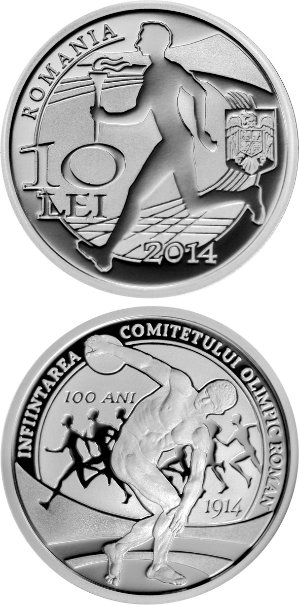 Image of 10 leu coin - The centennial anniversary of the Romanian Olympic Committee | Romania 2014.  The Silver coin is of Proof quality.
