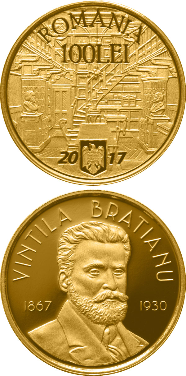 Image of 100 leu coin - 150 years since the birth of Vintilă I.C. Brătianu | Romania 2017.  The Gold coin is of Proof quality.