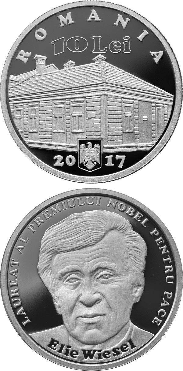 Image of 10 leu coin - Romanian-born Nobel Prize laureates – Elie Wiesel | Romania 2017.  The Silver coin is of Proof quality.