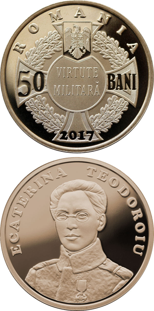 Image of 50 bani coin - 100 years since Ecaterina Teodoroiu became the first female combat officer of the Romanian Army | Romania 2017.  The Bronze coin is of Proof, BU, UNC quality.