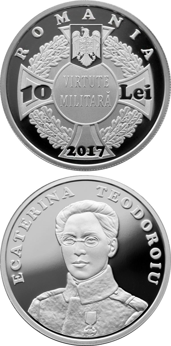 Image of 10 leu coin - 100 years since Ecaterina Teodoroiu became the first female combat officer of the Romanian Army | Romania 2017.  The Silver coin is of Proof quality.