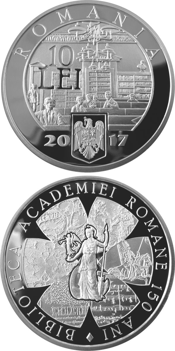 Image of 10 leu coin - 150 years since the establishment of the Library of Romanian Academy | Romania 2017.  The Silver coin is of Proof quality.