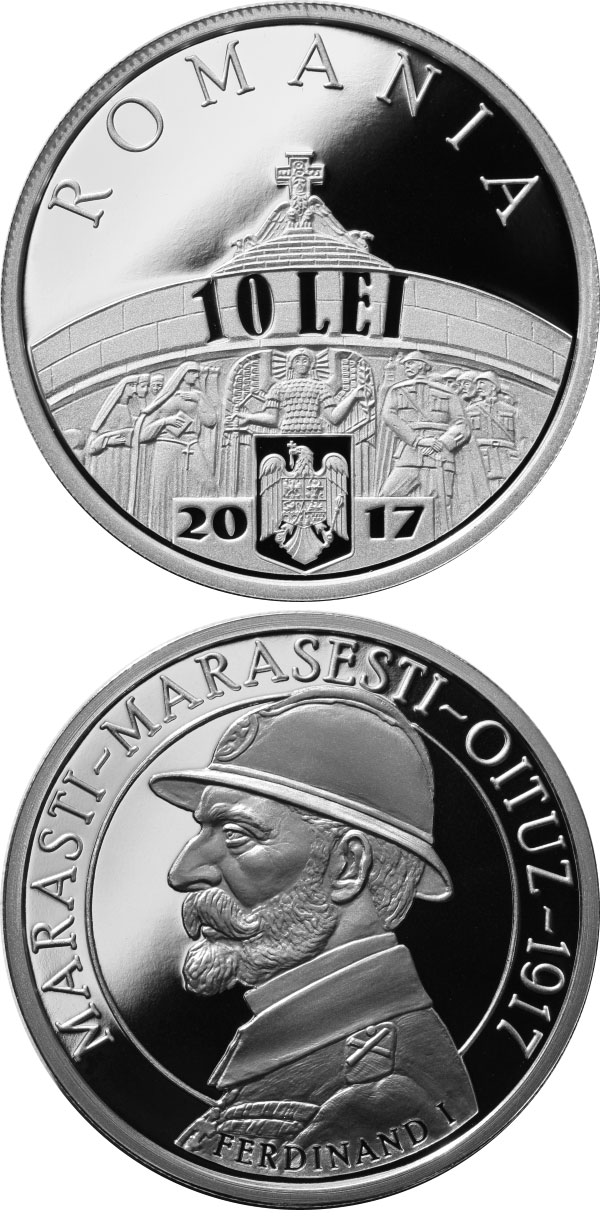 Image of 10 leu coin - 100 years since the Romanian Army’s victories at Mărăşti, Mărăşeşti and Oituz | Romania 2017.  The Silver coin is of Proof quality.