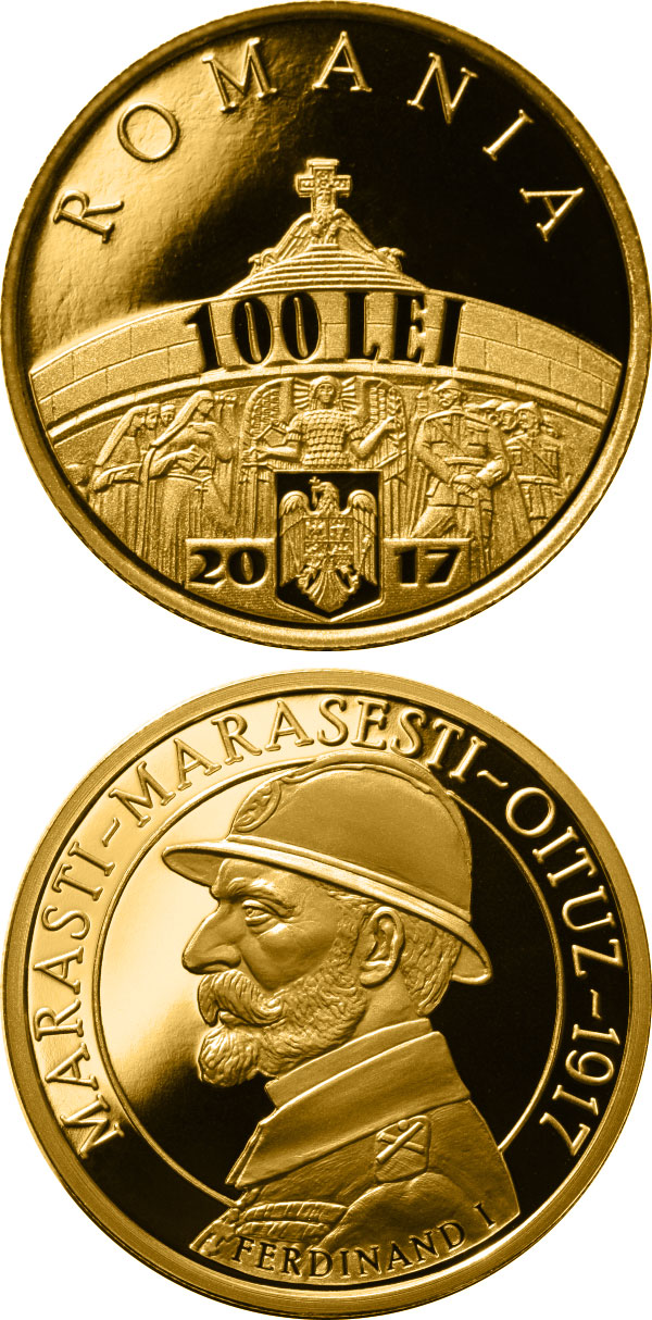 Image of 100 leu coin - 100 years since the Romanian Army’s victories at Mărăşti, Mărăşeşti and Oituz | Romania 2017.  The Gold coin is of Proof quality.