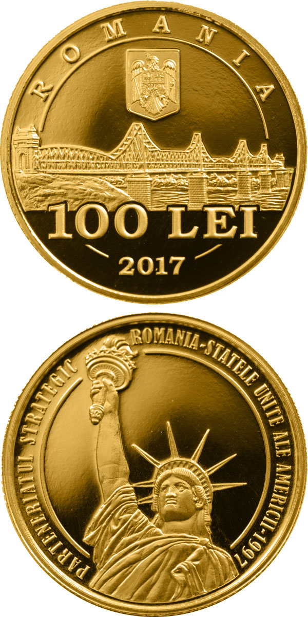 Image of 100 leu coin - 20 years since the launch of the strategic partnership between Romania and the USA | Romania 2017.  The Gold coin is of Proof quality.