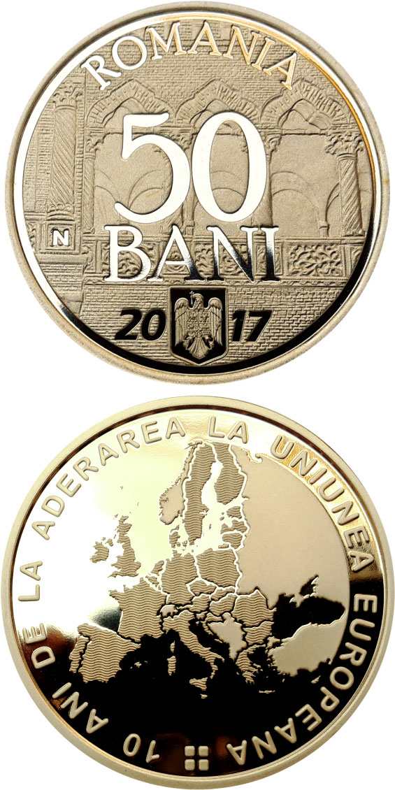 Image of 50 bani coin - 10 years since Romania’s accession to the European Union | Romania 2017.  The Bronze coin is of Proof, BU, UNC quality.