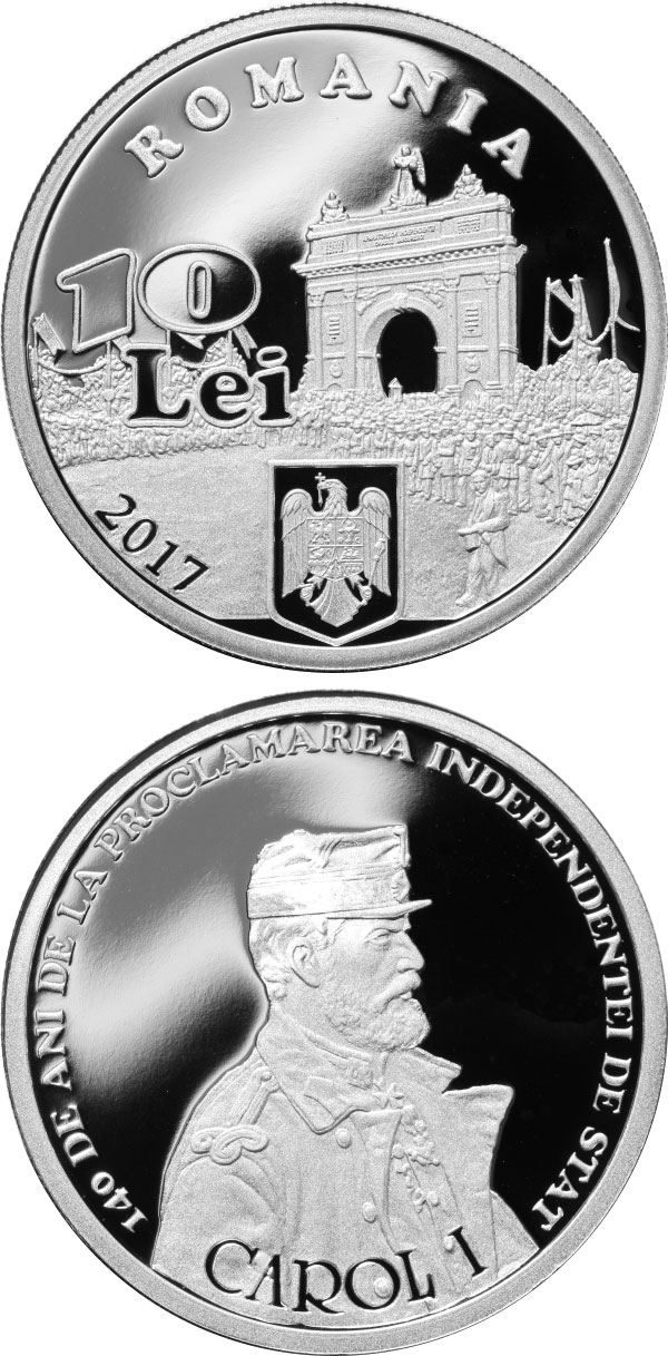 Image of 10 leu coin - 140 years since the proclamation of Romania’s independence | Romania 2017.  The Silver coin is of Proof quality.