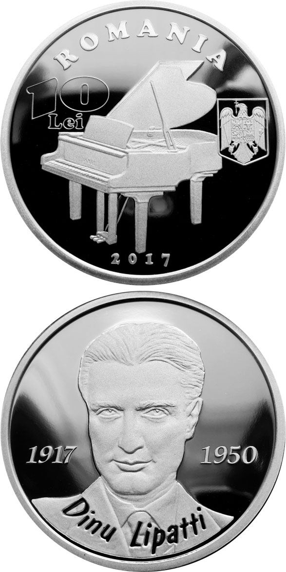 Image of 10 leu coin - 100 years since the birth of Dinu Lipatti | Romania 2017.  The Silver coin is of Proof quality.