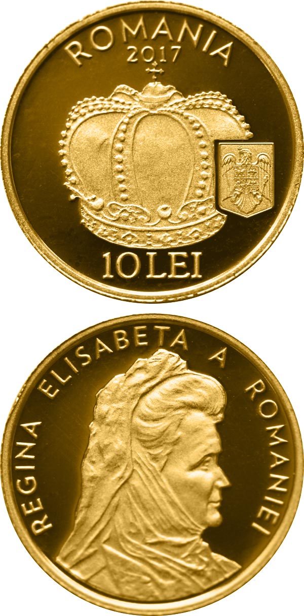 Image of 10 leu coin - The Crown of Queen Elisabeta of Romania | Romania 2017.  The Gold coin is of Proof quality.