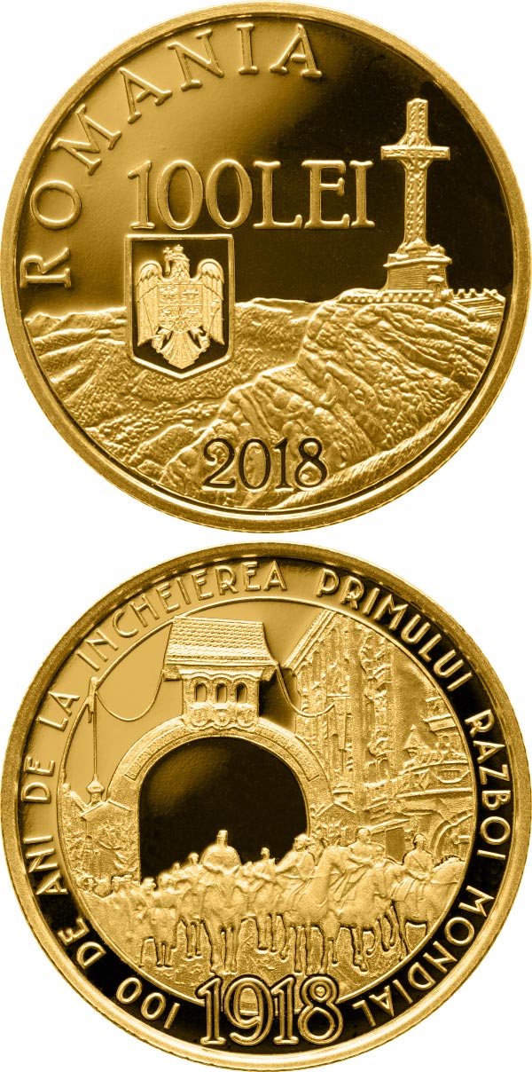 Image of 100 leu coin - 100 years since the end of World War I | Romania 2018.  The Gold coin is of Proof quality.