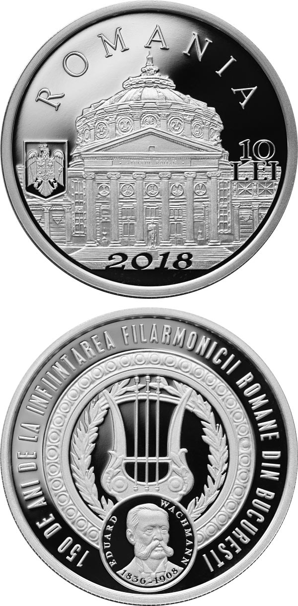 Image of 10 leu coin - 150 years since the founding of the Romanian Philharmonic Orchestra in Bucharest | Romania 2018.  The Silver coin is of Proof quality.