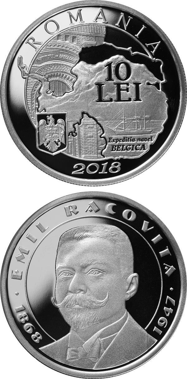Image of 10 leu coin - 150 years since the birth of Emil Racoviță | Romania 2018.  The Silver coin is of Proof quality.