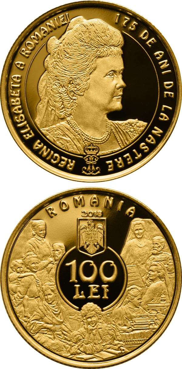 Image of 100 leu coin - 175 years since the birth of Queen Elisabeta of Romania | Romania 2018.  The Gold coin is of Proof quality.