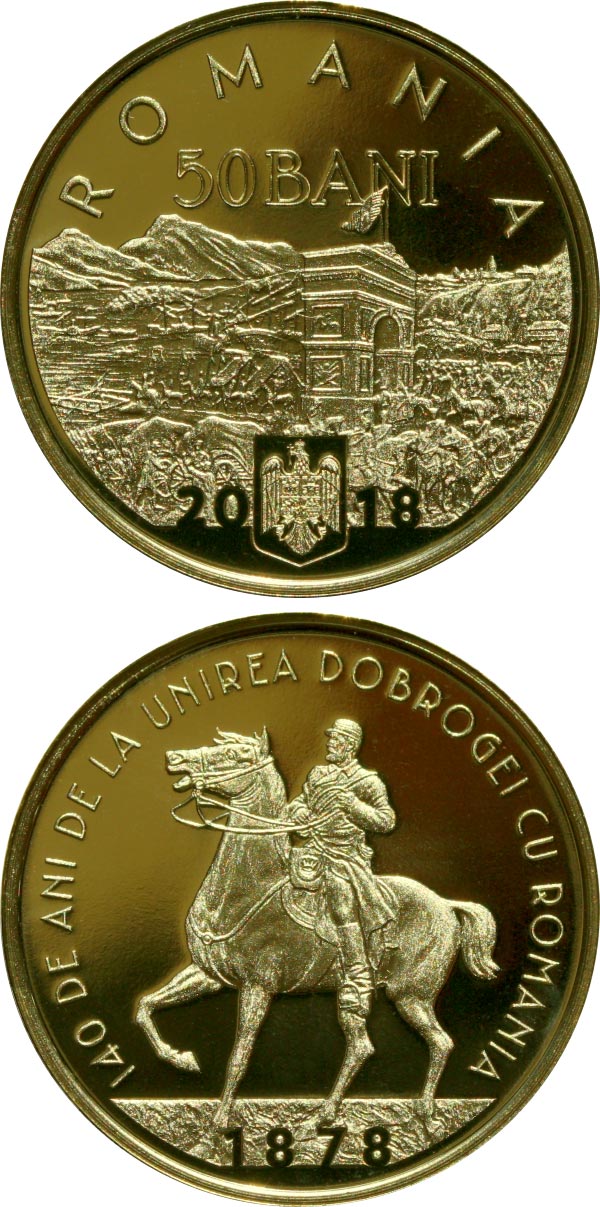 Image of 50 bani coin - 140 years since the union of Dobruja with Romania | Romania 2018.  The Bronze coin is of Proof quality.