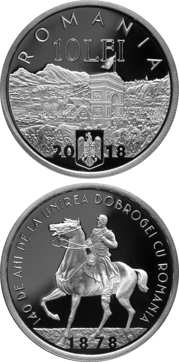 Image of 10 leu coin - 140 years since the union of Dobruja with Romania | Romania 2018.  The Silver coin is of Proof quality.