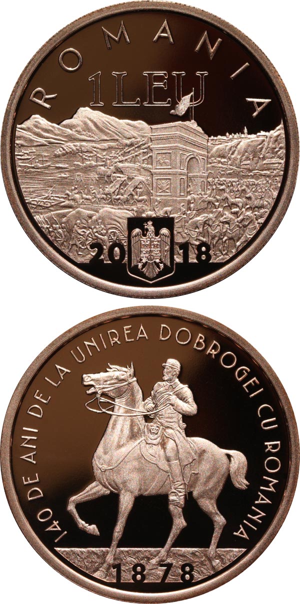 Image of 1 leu coin - 140 years since the union of Dobruja with Romania | Romania 2018.  The Copper coin is of Proof quality.