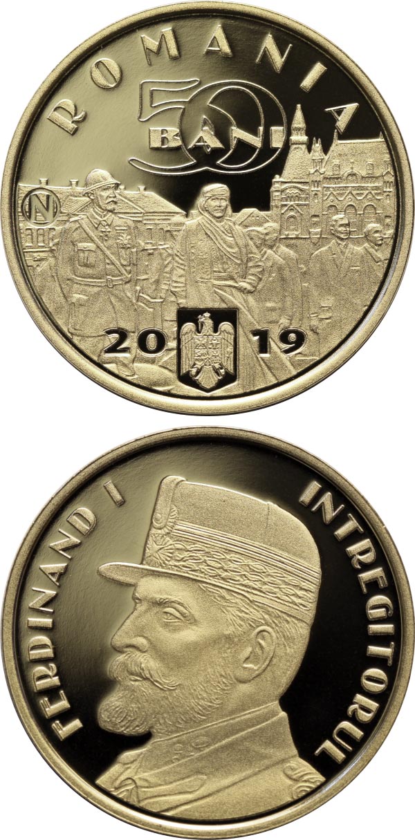 Image of 50 bani coin - King Ferdinand I, the Unifier | Romania 2019.  The Bronze coin is of Proof quality.